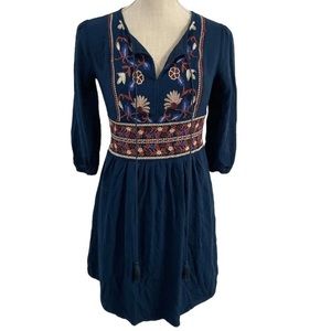 Francesca’s Blue Rain Navy Embroidered Boho Style Dress Size XS